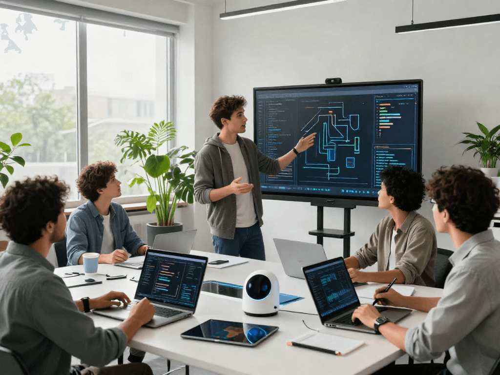 Engaging group brainstorming in AI-driven workspace showcasing 18+ ai innovation.