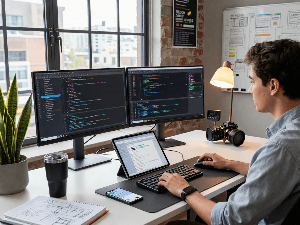 快连技术团队在现代办公空间中专注于软件开发，展示高效工作氛围