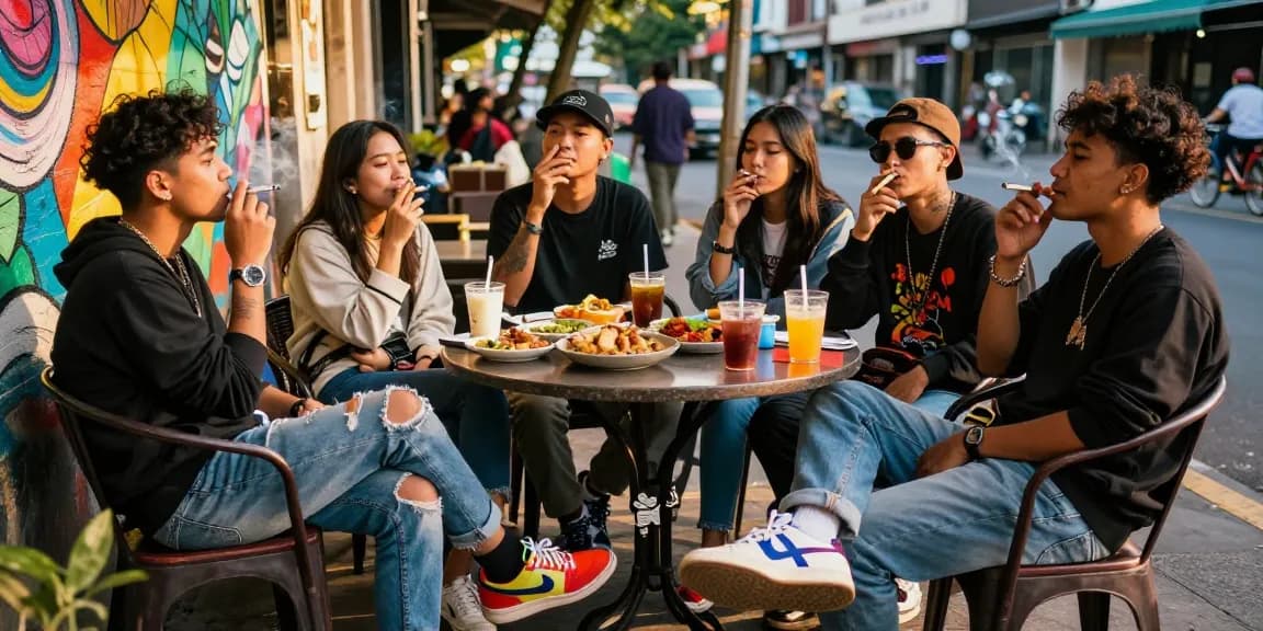 Friends enjoying a casual atmosphere while smoking rokok 88 cigarettes at a lively café.