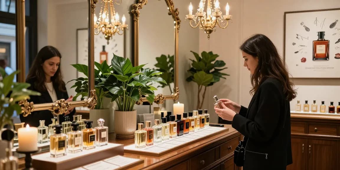 Perfume enthusiast community exploring niche fragrances in a luxurious boutique.