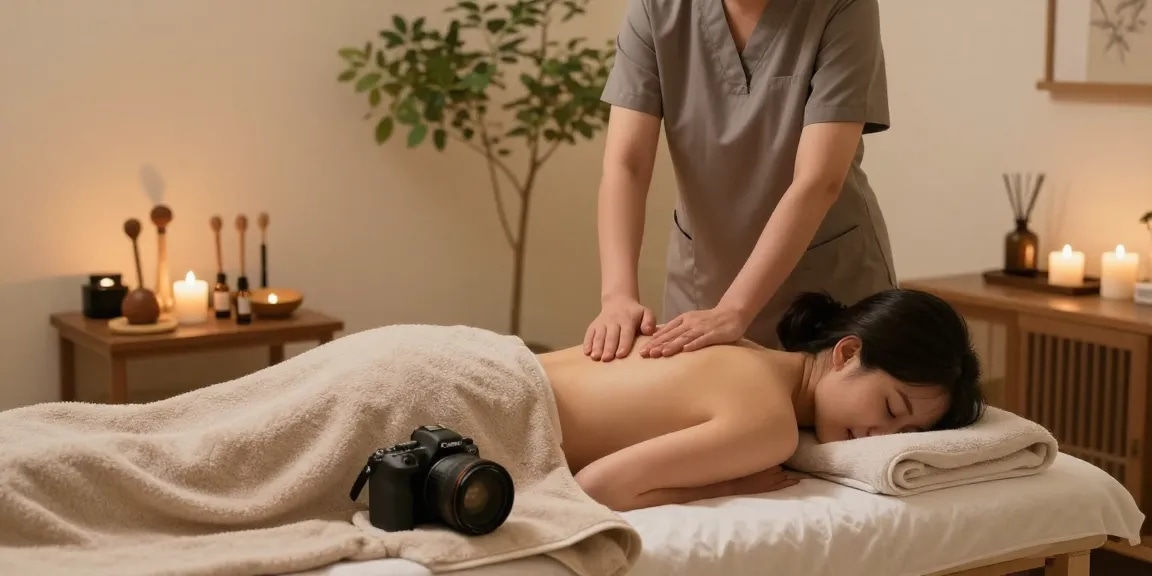 Relaxing scene of a therapist delivering an 의왕출장마사지 in a serene home setting with calming decor.