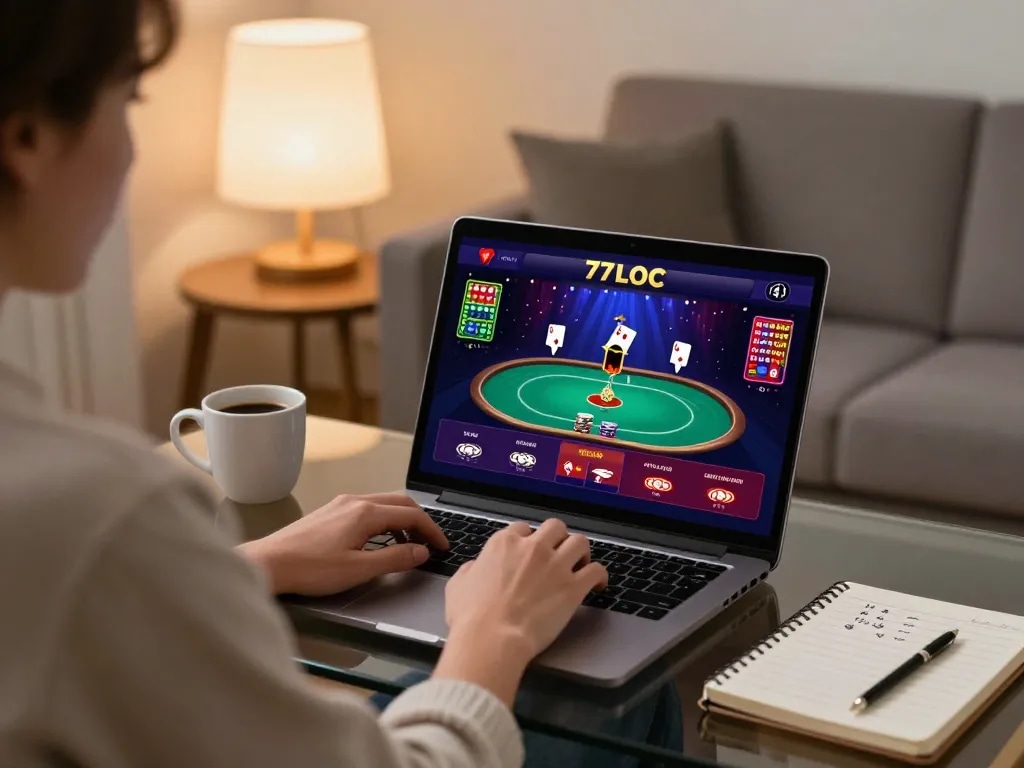 Experience the thrill of gambling with 77LOC from home on your laptop, showcasing an engaging online poker game.