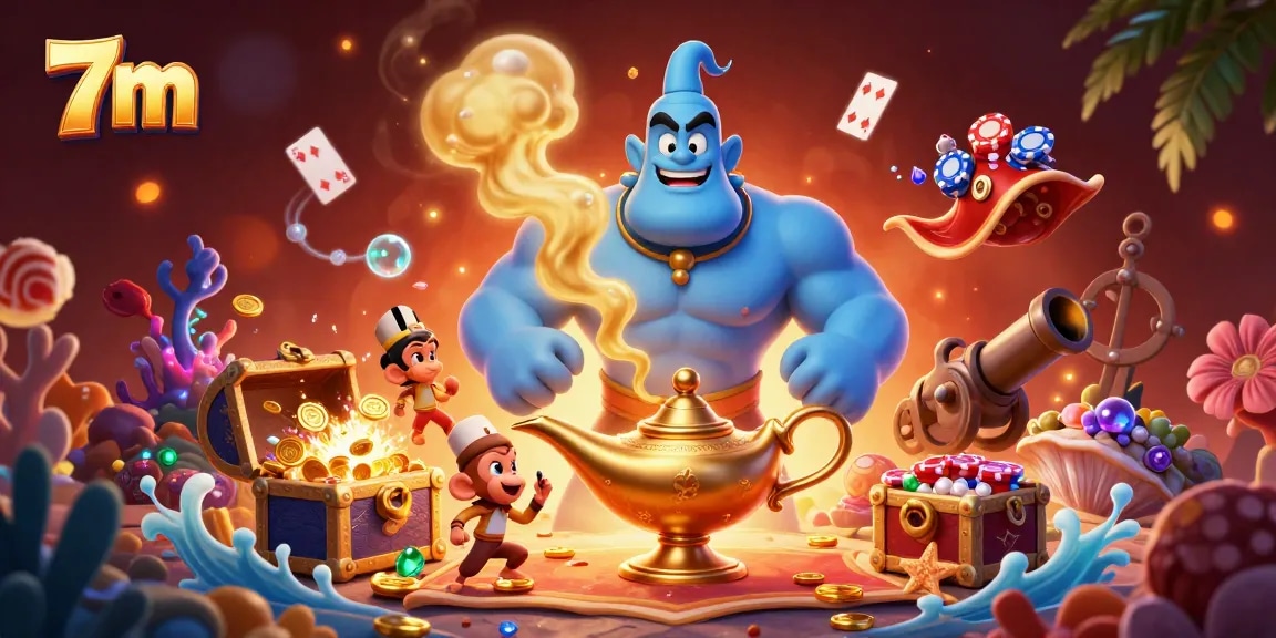 Bet on exciting games with 7m, featuring a genie, poker chips, and vibrant casino elements in a colorful scene.