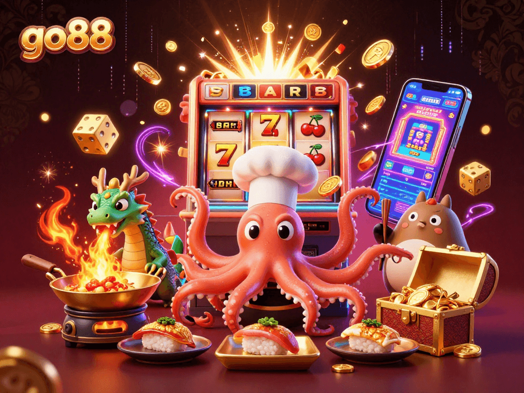 Experience thrilling gaming action at go88 with a vibrant 3D illustration featuring casino excitement.