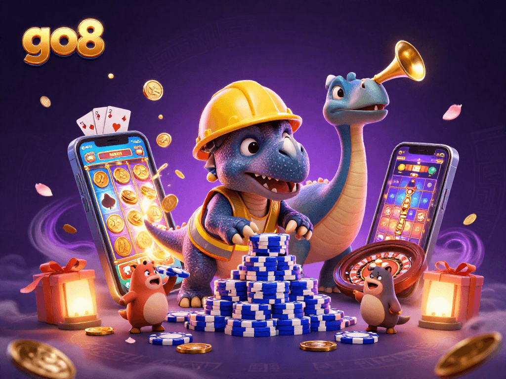 Experience thrilling gameplay at Go8 as a triceratops builds a poker chip pyramid amidst casino excitement.
