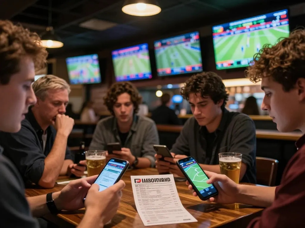 Exciting sports betting scene at mm888 with engaged players placing bets on mobile devices.