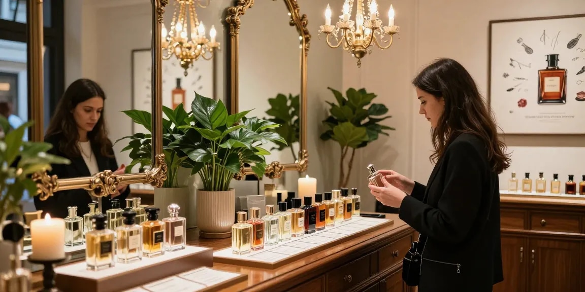 Perfume enthusiast community exploring niche fragrances in a luxurious boutique.
