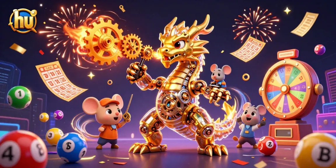 Tham gia hu với rồng vàng cơ khí trong không gian sôi động của trò chơi xổ số.
