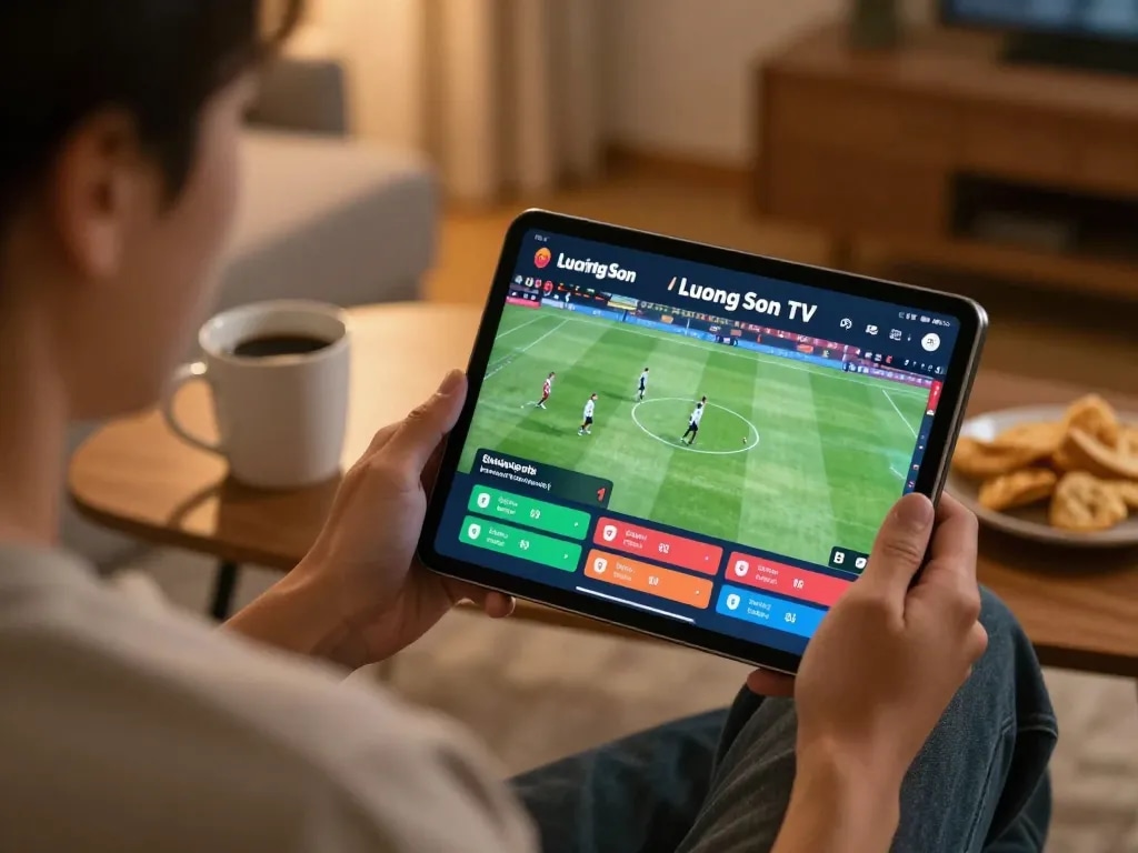 Engaged user watching live football on LuongSon TV, captivating online betting experience.