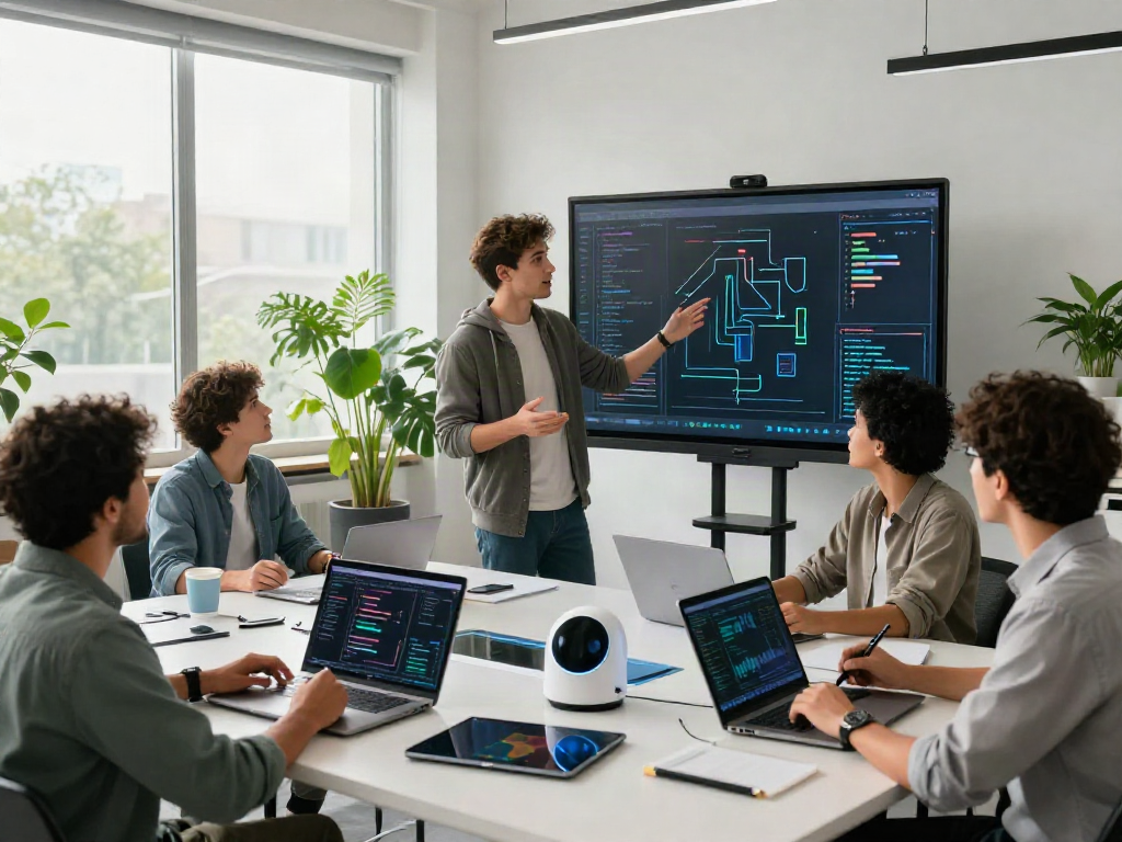 Engaging group brainstorming in AI-driven workspace showcasing 18+ ai innovation.
