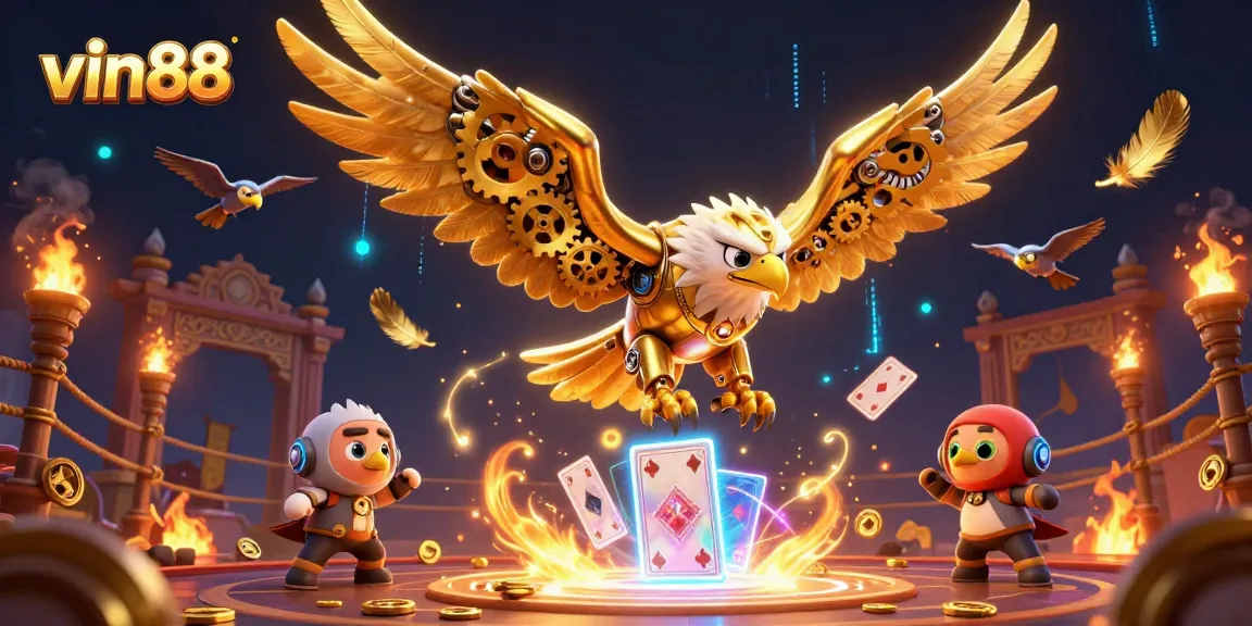Experience thrilling wins at vin88 with a vibrant 3D casino scene featuring a daring golden eagle.