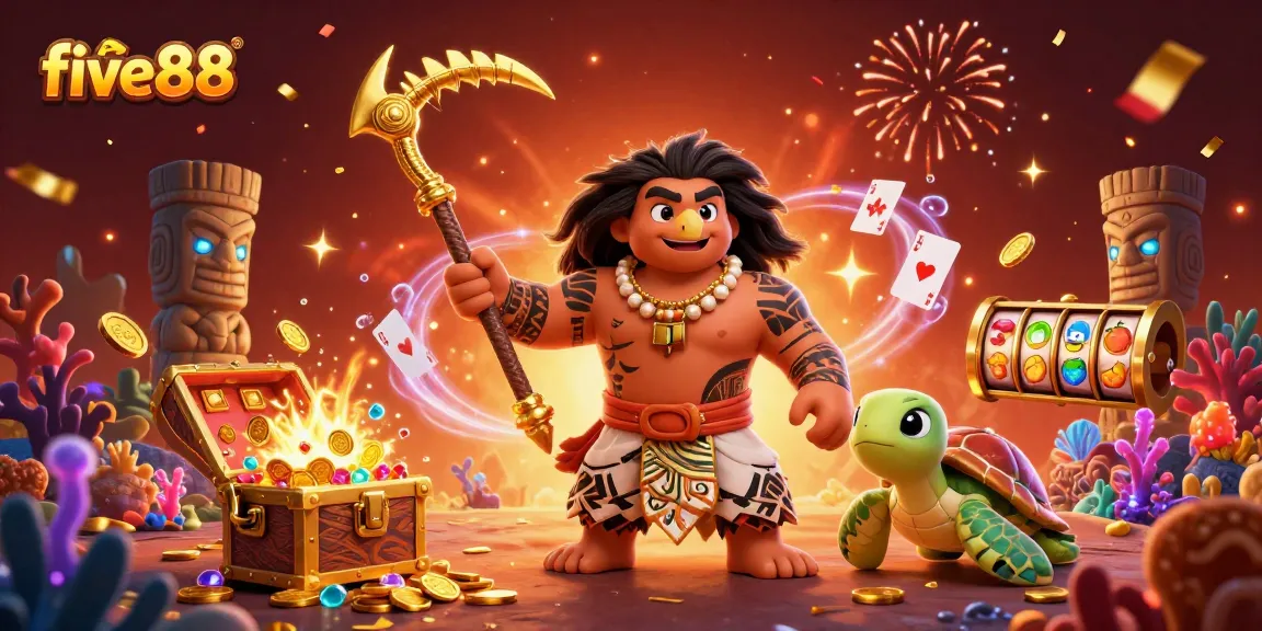 Experience the excitement of five88 with a Polynesian demigod and vibrant casino elements in a lively scene.