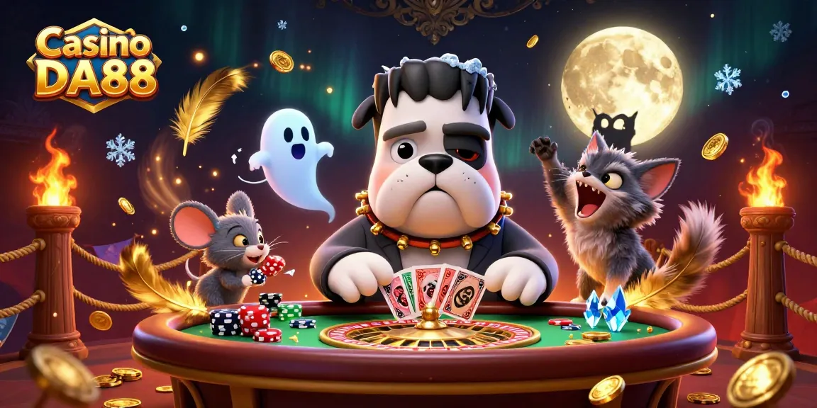 Engage with Casino DA88: A thrilling 3D illustration of card dealing and spooky characters.
