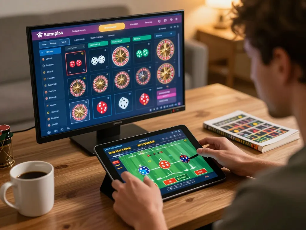sc88 win through strategic sports betting in a cozy home setup with tablet and coffee.