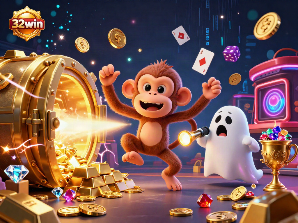 Experience the enchanting gameplay at 32win as a ghost-hunter puppy tracks a mischievous poltergeist monkey in a haunted casino.