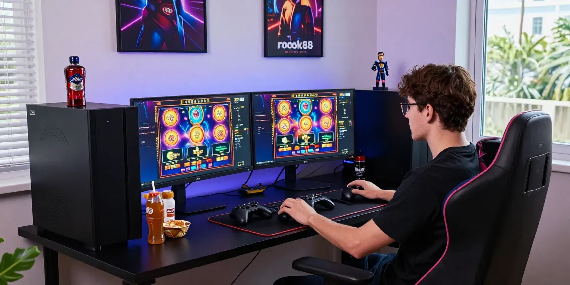 Engaging gaming setup featuring rokok88 slot gameplay on dual monitors.