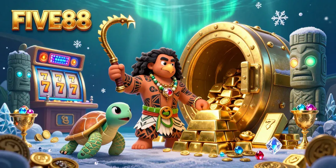Experience the thrill of gaming with FIVE88 in a vibrant, immersive casino scene filled with treasures and excitement.