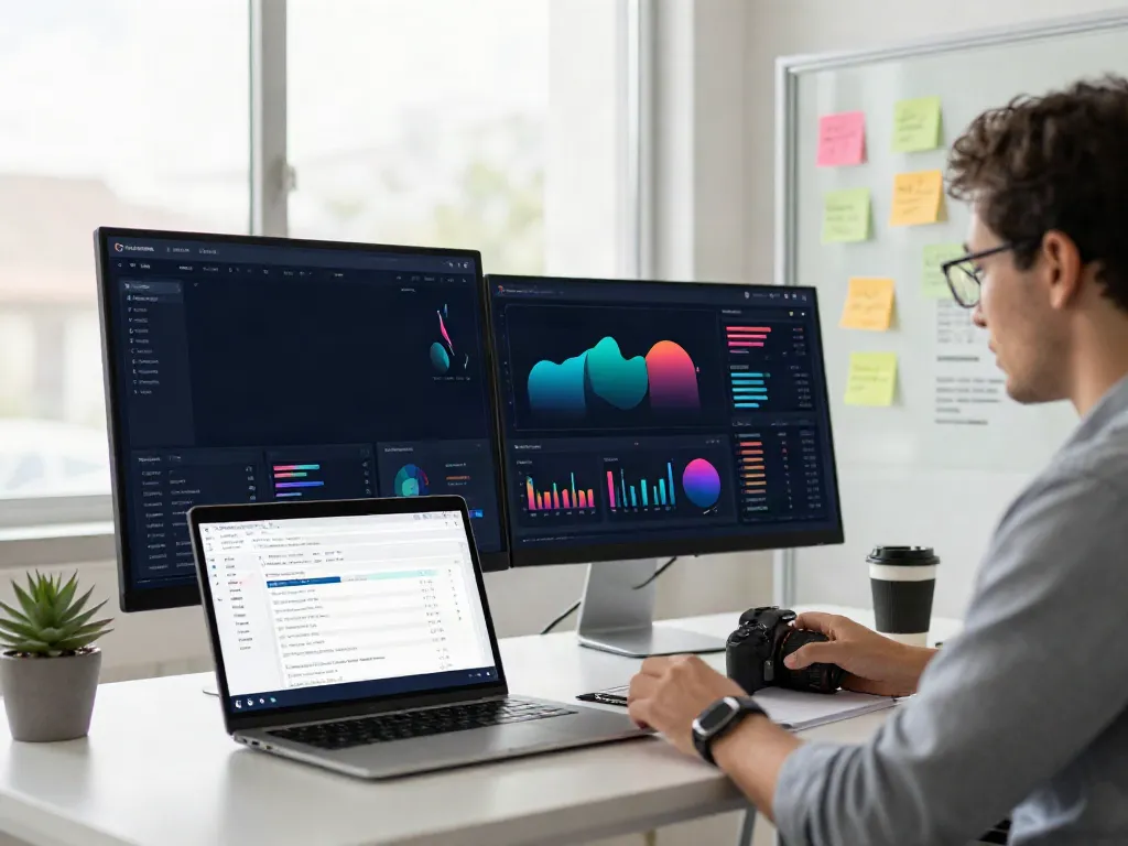 SEO professional analyzing instant indexing strategies in a bright modern office.