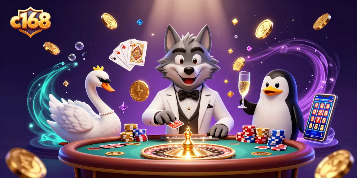 Experience thrilling baccarat at c168 with a debonair wolf dealer and an elegant swan presenting cards amid a sparkling casino.