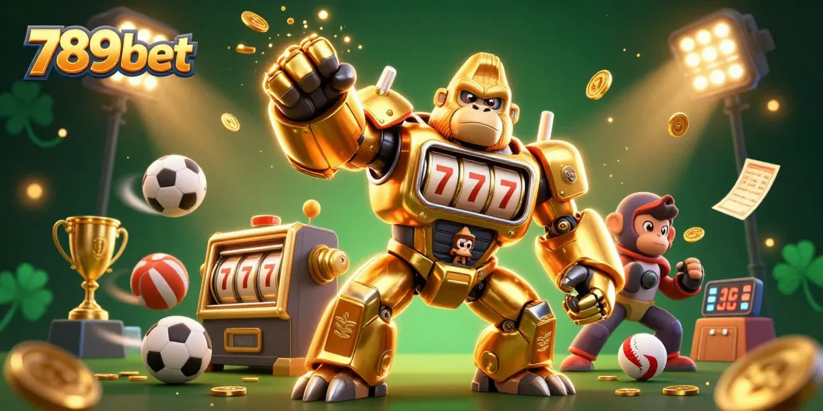 Experience thrilling bets with dynamic gaming action featuring 789bet's golden gorilla mech bursting with excitement.