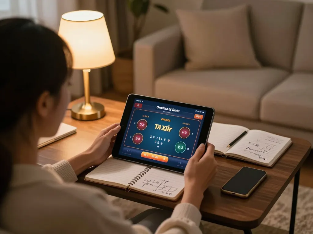 Tài xỉu online uy tín being played on a tablet in a cozy home setting, emphasizing strategic gameplay.