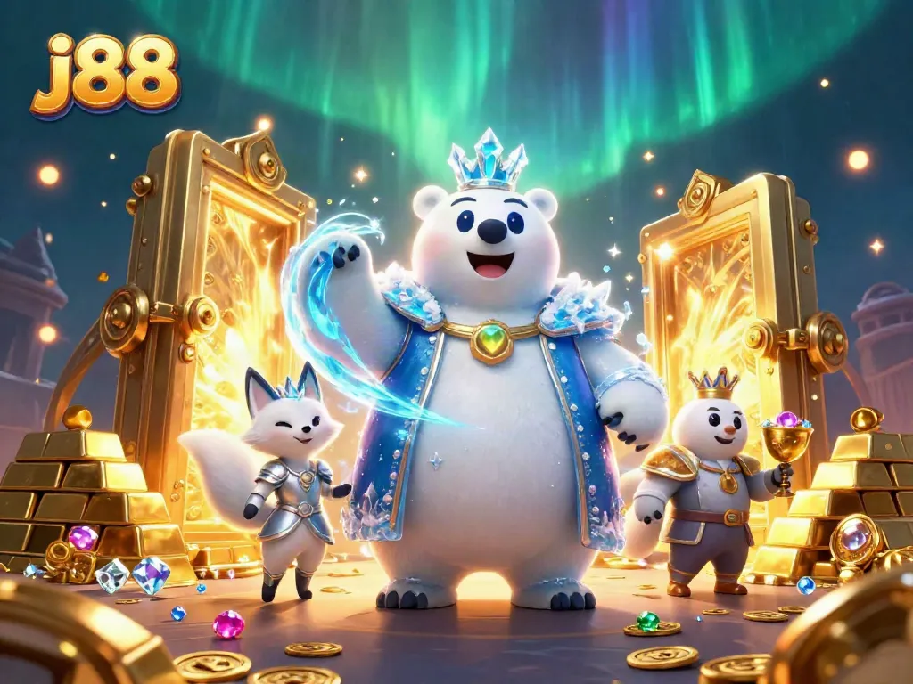Win big with j88 in an exhilarating online casino scene featuring dazzling treasures and gaming action.