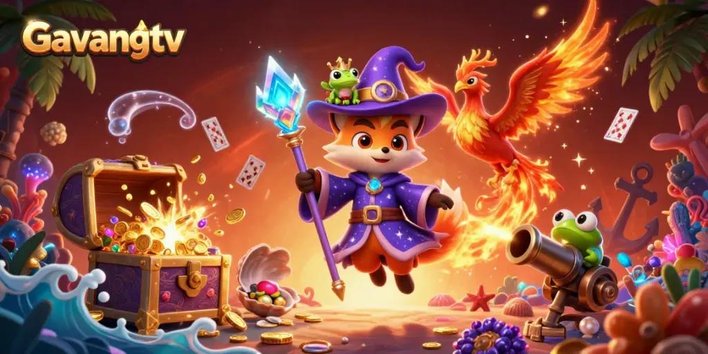 Experience thrilling gambling with Gavangtv in a vibrant 3D fantasy scene replete with magical characters and casino elements.