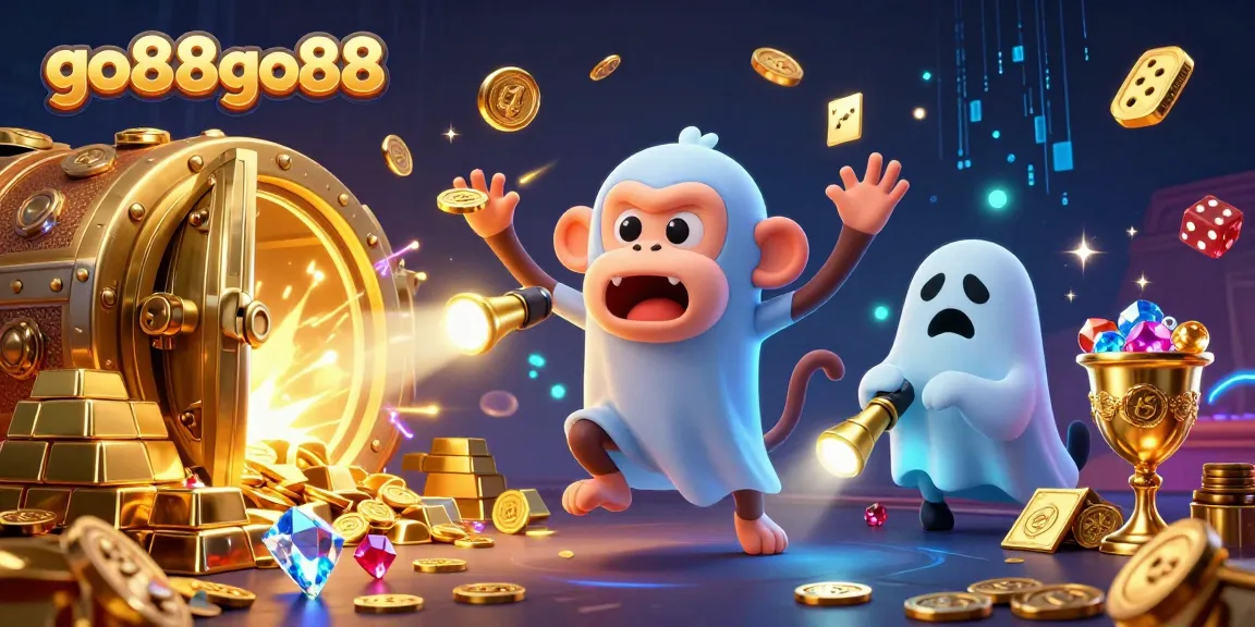 Experience the excitement of go88go88 as playful characters come alive in a vibrant casino scene with golden treasures.