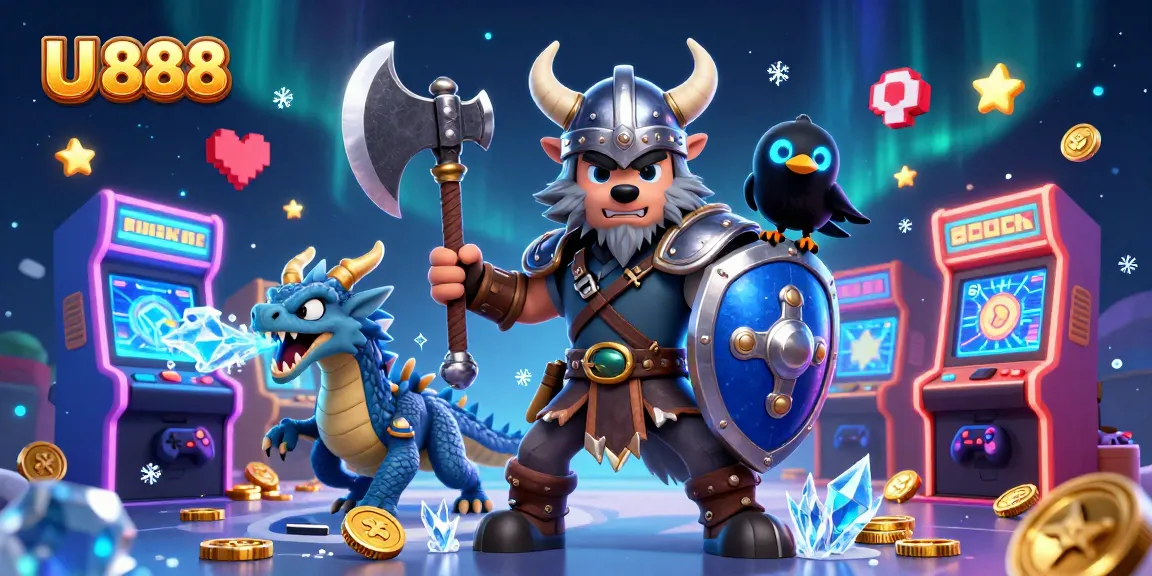 Engage with U 888's thrilling games as a Viking warrior battles surrounded by colorful game machines.