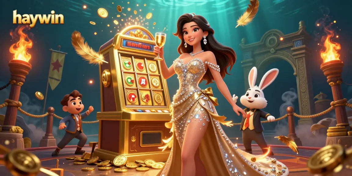 Engage in exciting gameplay at haywin with a stunning jackpot slot machine and a celebratory character.