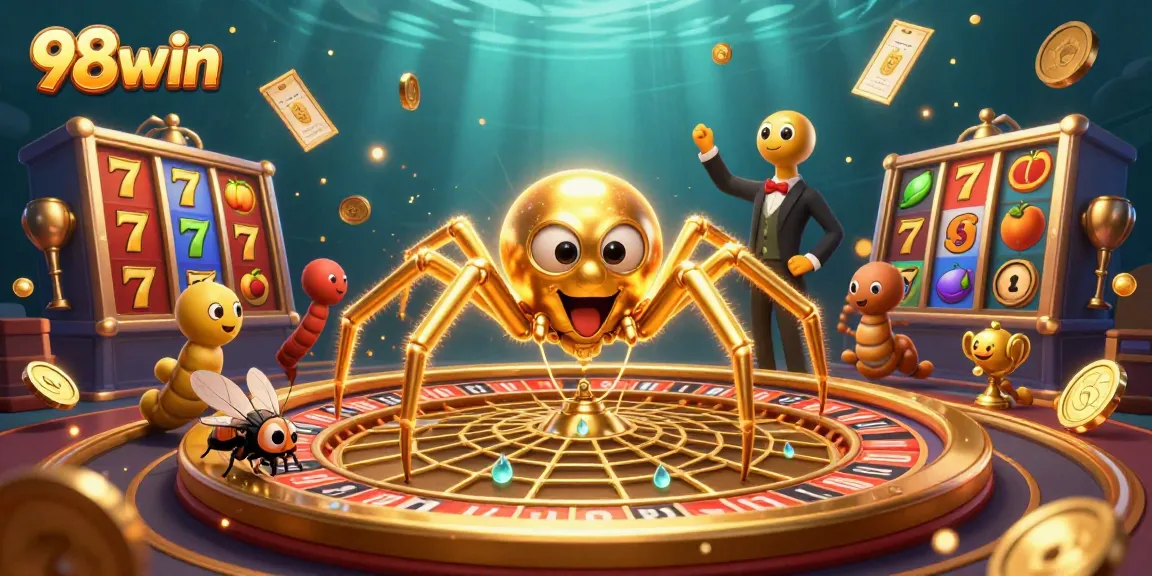 Experience excitement with 98win as a golden spider spins a roulette web, surrounded by slot game elements.