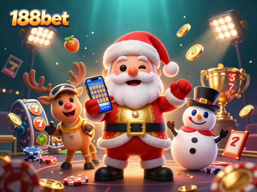 Win big with 188bet in this vibrant 3D casino scene featuring Santa and friends!