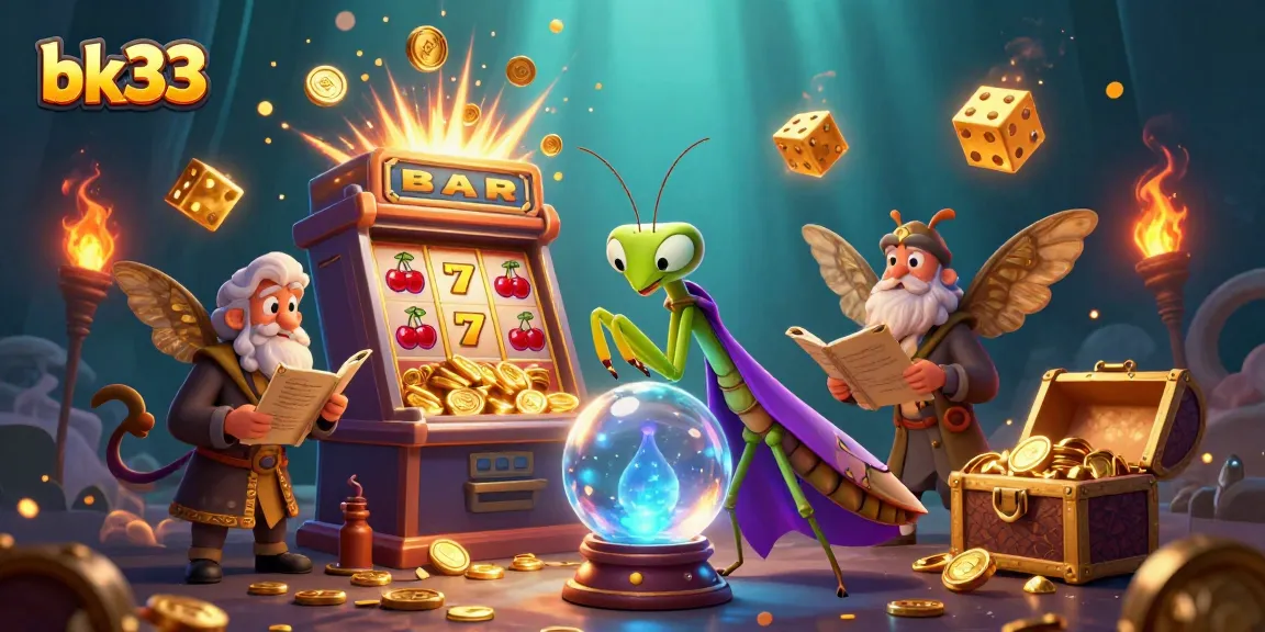 Engage with bk33’s vibrant casino atmosphere featuring a fortune teller, moth librarian, and slot machine thrill.
