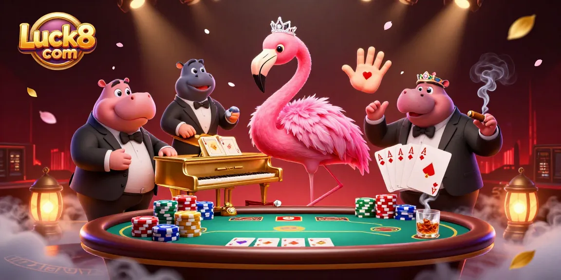 Engage in thrilling gameplay at Luck8 com with vibrant casino characters amidst lively poker elements.