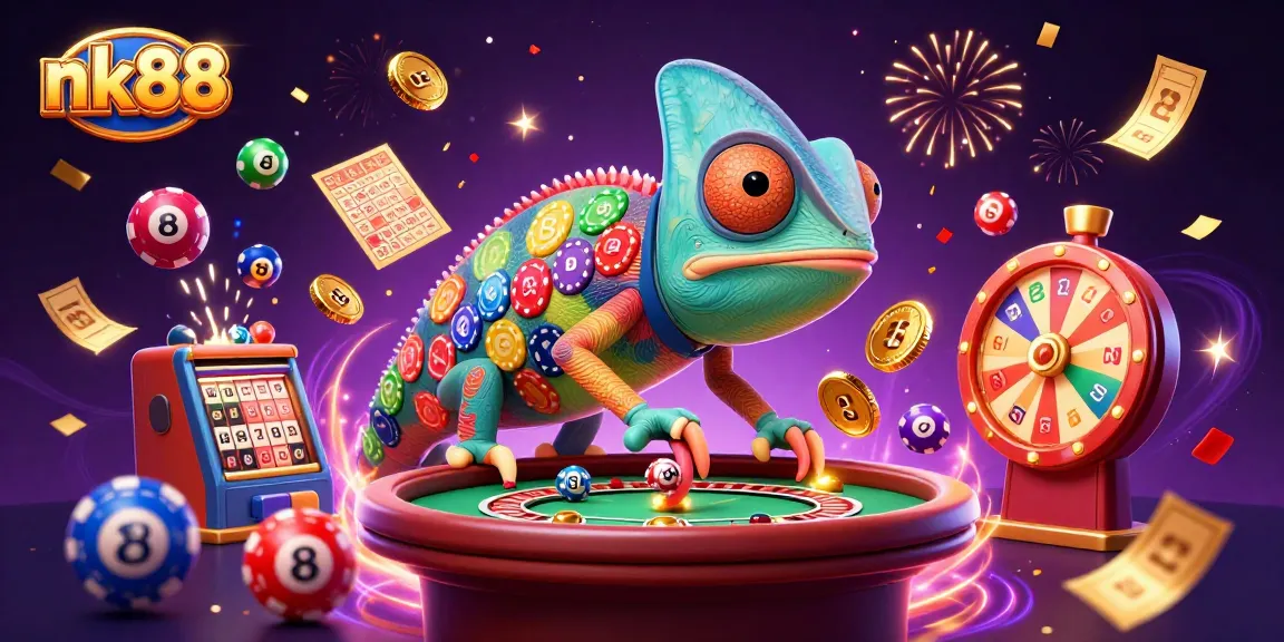 Experience the vibrant excitement of nk88 casino with colorful elements and chameleon owner capturing winnings.
