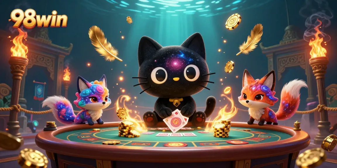 Experience the excitement of 98win's casino with our colorful cosmic-themed illustration of a black hole cat.