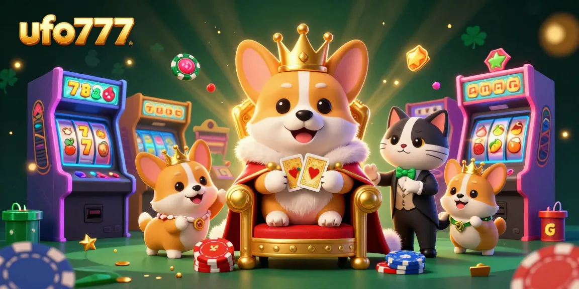 Experience thrilling gameplay with ufo777’s vibrant 3D casino scene featuring a royal corgi and dynamic game elements.