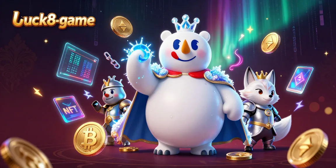 Engage with the luck8-game experience featuring the icy polar bear king and snow fox surrounded by crypto elements.