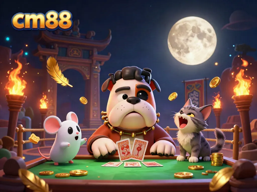 Engage with cm88's thrilling card game scene led by a monster dealer, surrounded by a ghost and werewolf kitten.