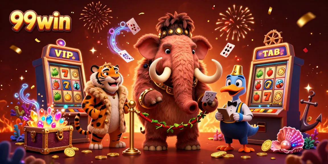 Experience thrilling casino excitement with the engaging characters of 99win in a vibrant scene.