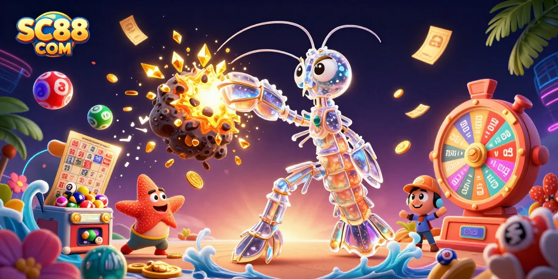 Experience SC88 COM with dynamic gambling elements and characters in a vibrant, 3D digital illustration