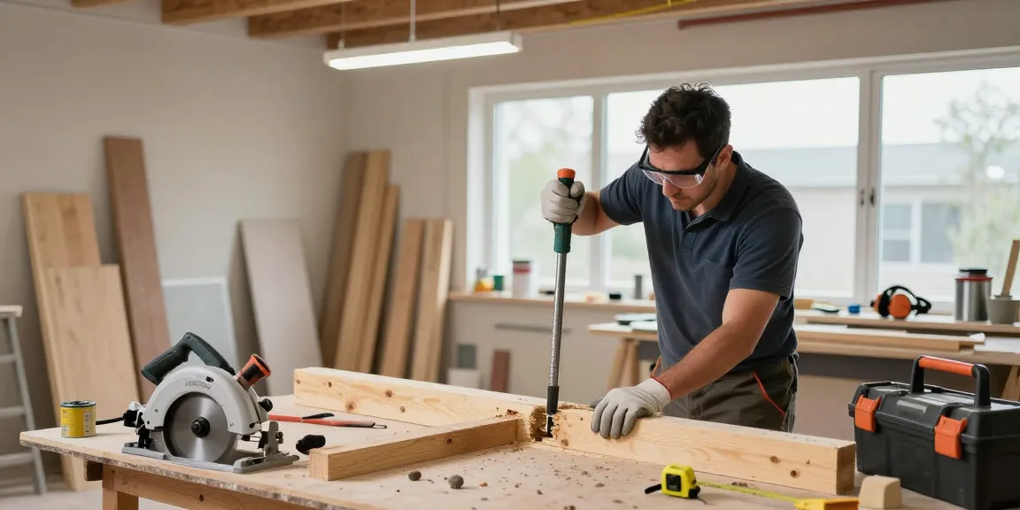 Fubar wrecking bar in action as a tradesman upgrades an old wooden structure in a DIY workshop.