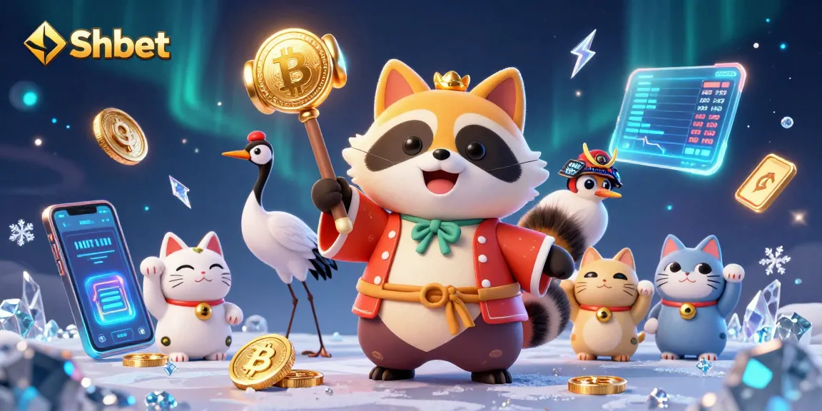 Experience Shbet excitement through colorful fortune cats and dynamic crypto elements in this vibrant scene.