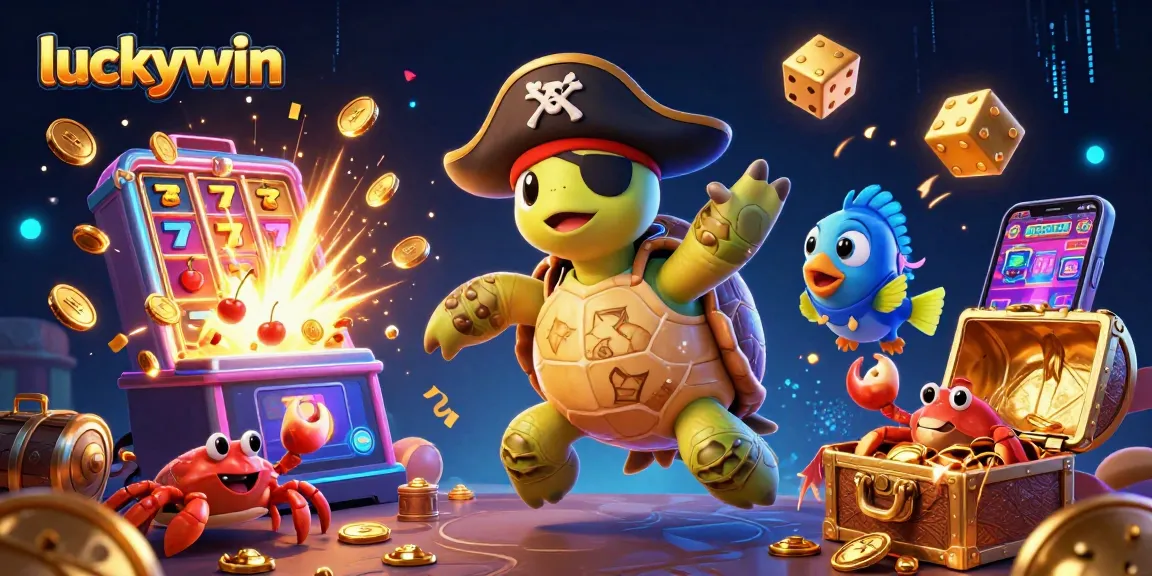 Experience the thrill of luckywin with cartoon characters and dynamic casino elements in a vibrant scene.