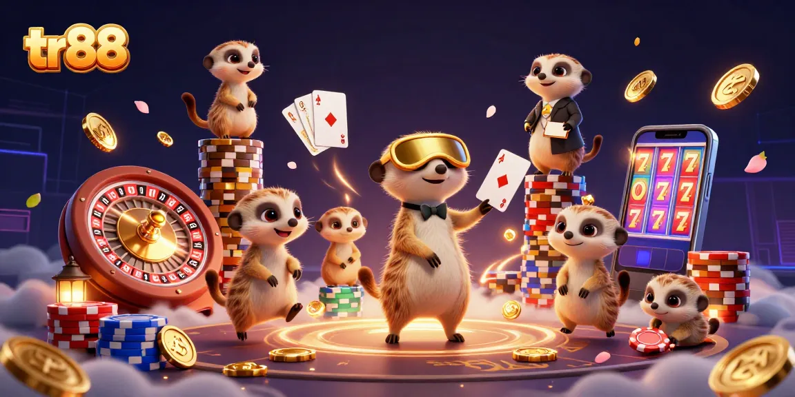 tr88 showcases meerkats managing an exciting casino scene with vibrant gaming elements.
