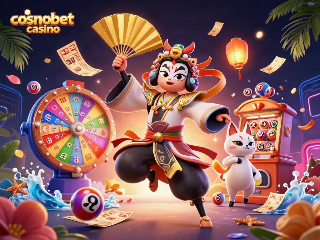 Experience excitement at Cosmobet casino with dynamic lottery balls, golden tickets, and vibrant game elements.