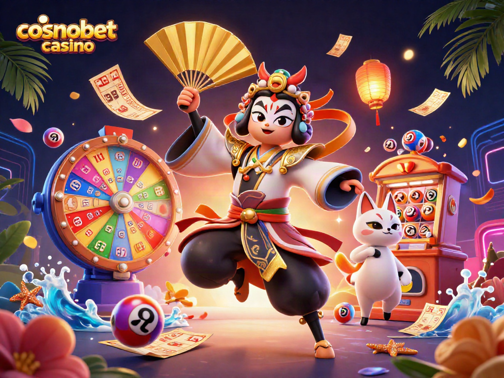 Experience excitement at Cosmobet casino with dynamic lottery balls, golden tickets, and vibrant game elements.