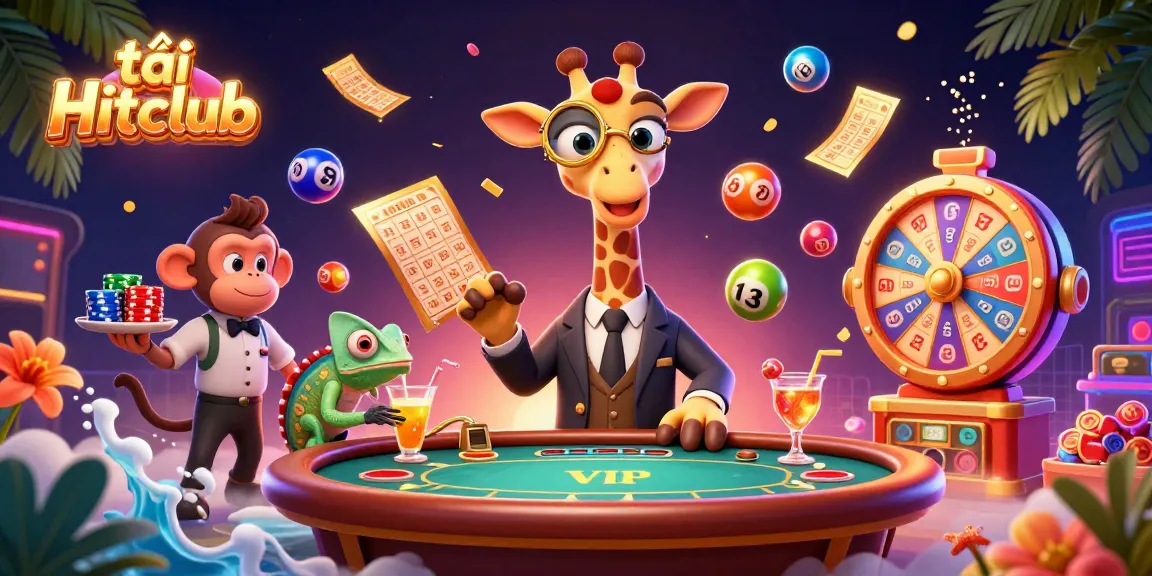 Spin and win with tải Hitclub: colorful gambling scene featuring high-roller giraffe and vibrant game elements.