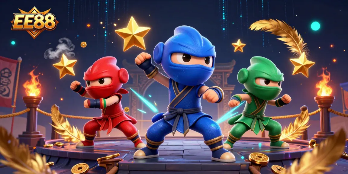 Join the EE88 gaming adventure with 3D chameleon ninjas in a vibrant casino setting.