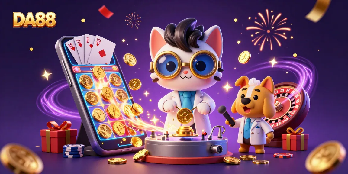 Spin and win with DA88: Cartoon characters celebrating casino games and golden coins.
